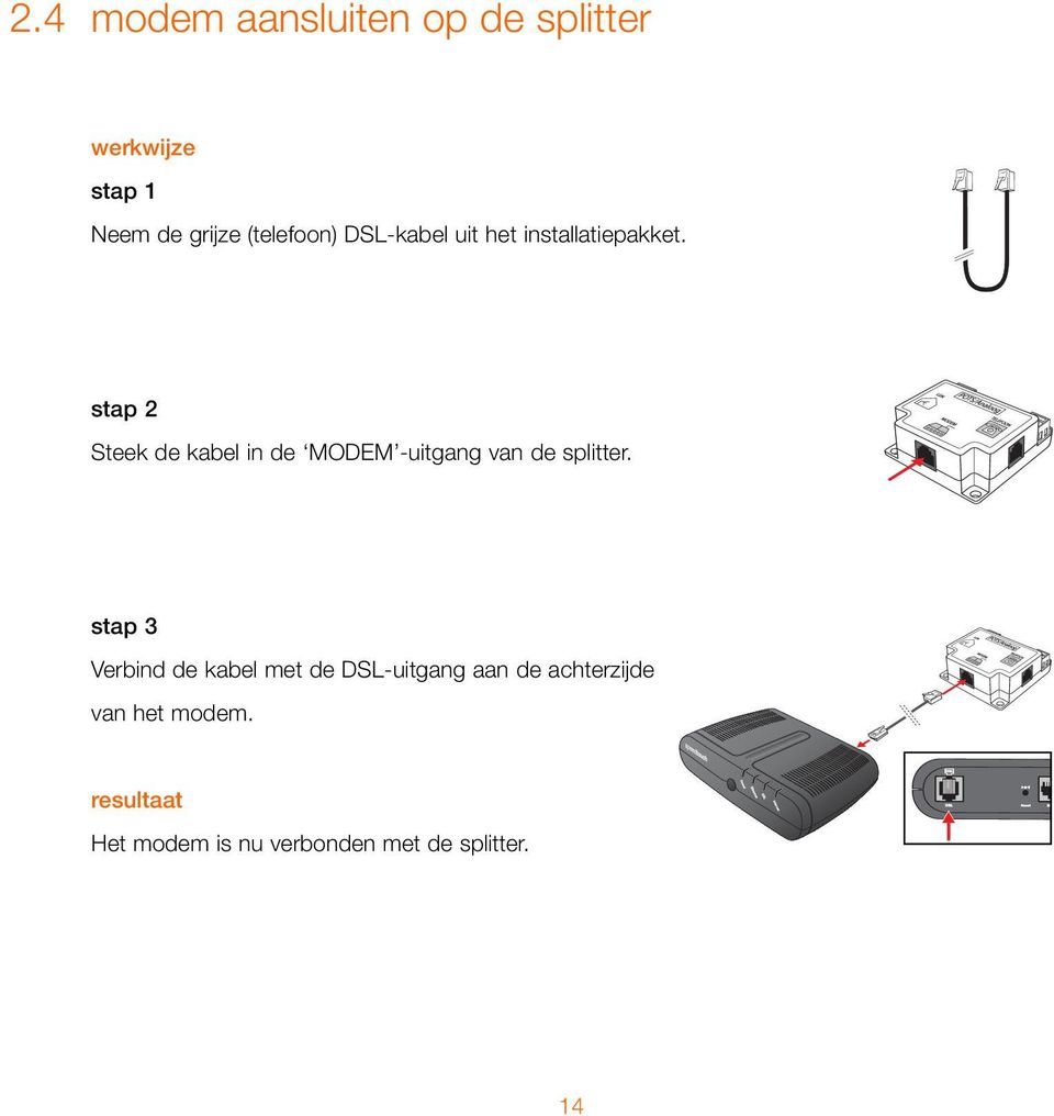 stap 2 Steek de kabel in de MODEM -uitgang van de splitter.