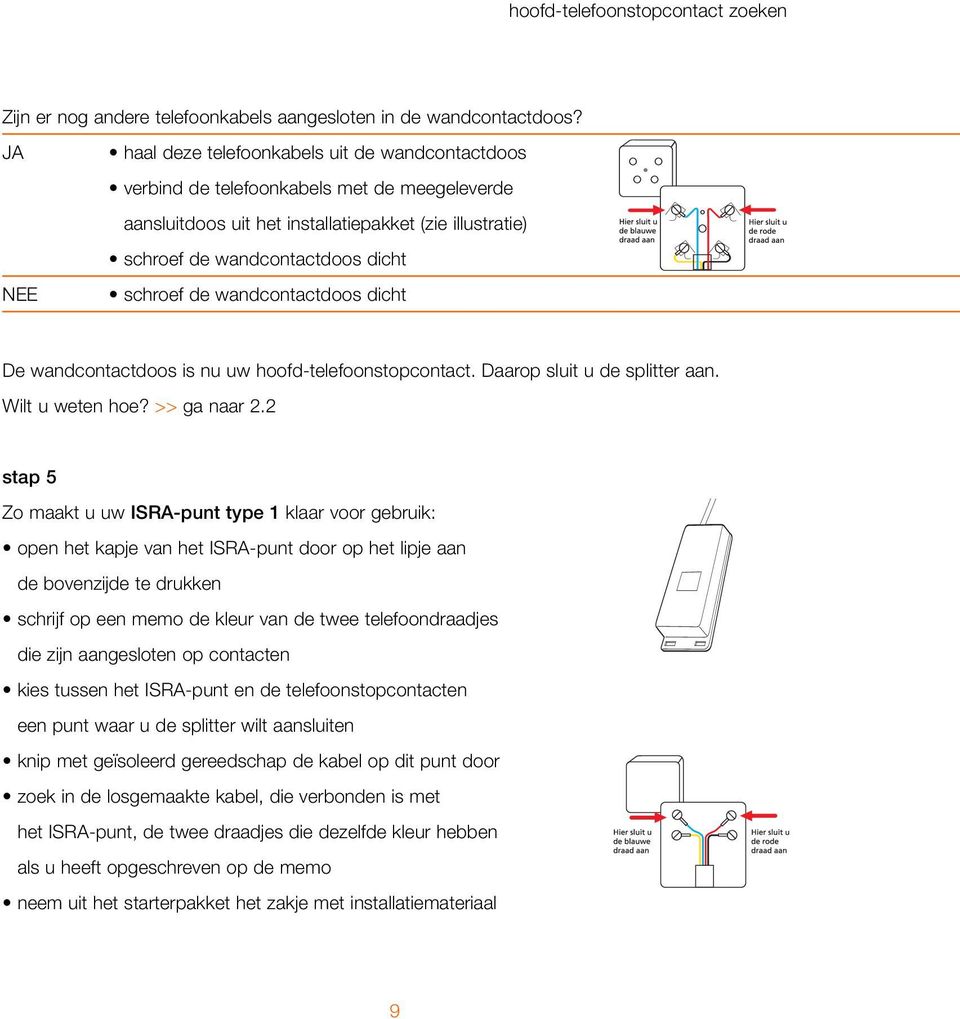 de wandcontactdoos dicht De wandcontactdoos is nu uw hoofd-telefoonstopcontact. Daarop sluit u de splitter aan. Wilt u weten hoe? >> ga naar 2.