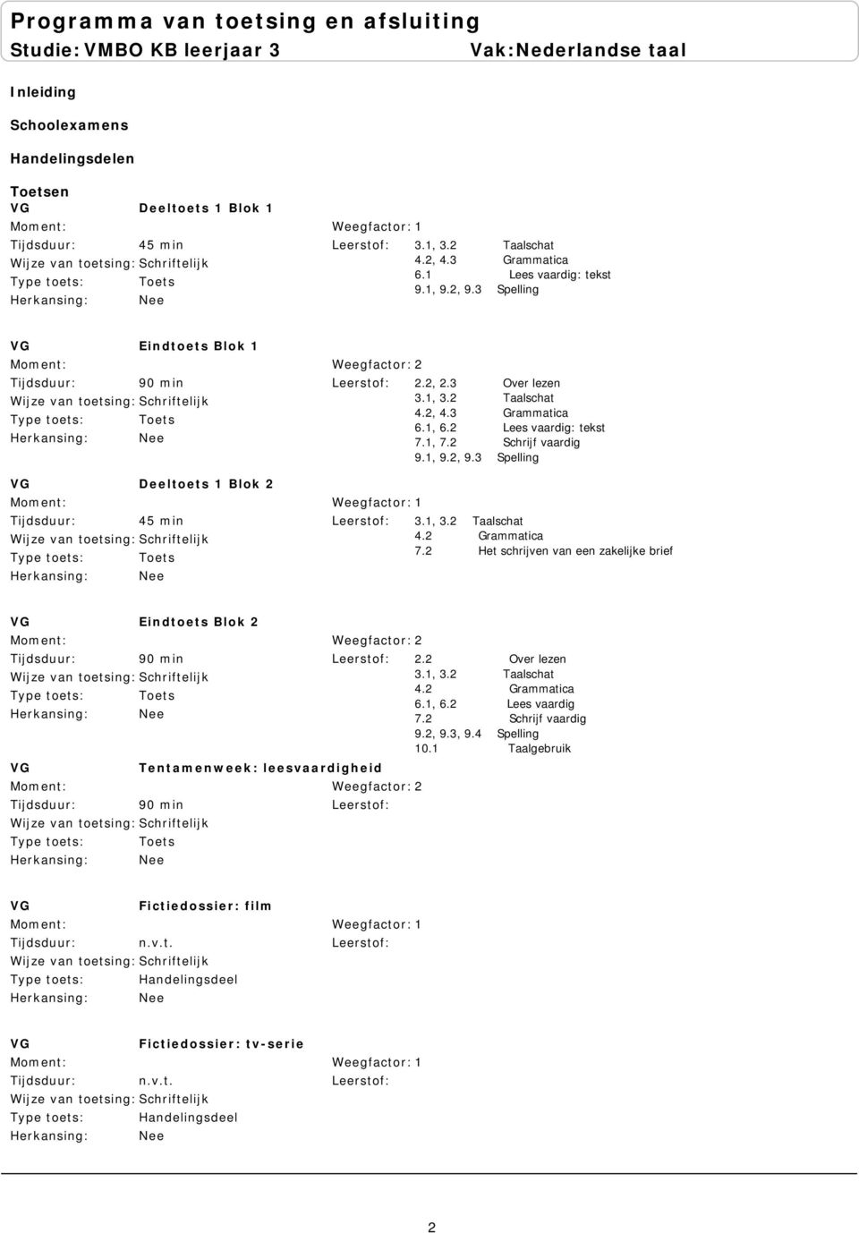 1, 9.2, 9.3 Spelling 3.1, 3.2 Taalschat 4.2 Grammatica 7.2 Het schrijven van een zakelijke brief Eindtoets Blok 2 90 min Toets Tentamenweek: leesvaardigheid 90 min Toets 2.