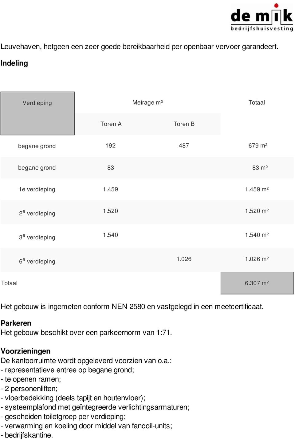 540 m² 6 e verdieping 1.026 1.026 m² Totaal 6.307 m² Het gebouw is ingemeten conform NEN 2580 en vastgelegd in een meetcertificaat. Parkeren Het gebouw beschikt over een parkeernorm van 1:71.