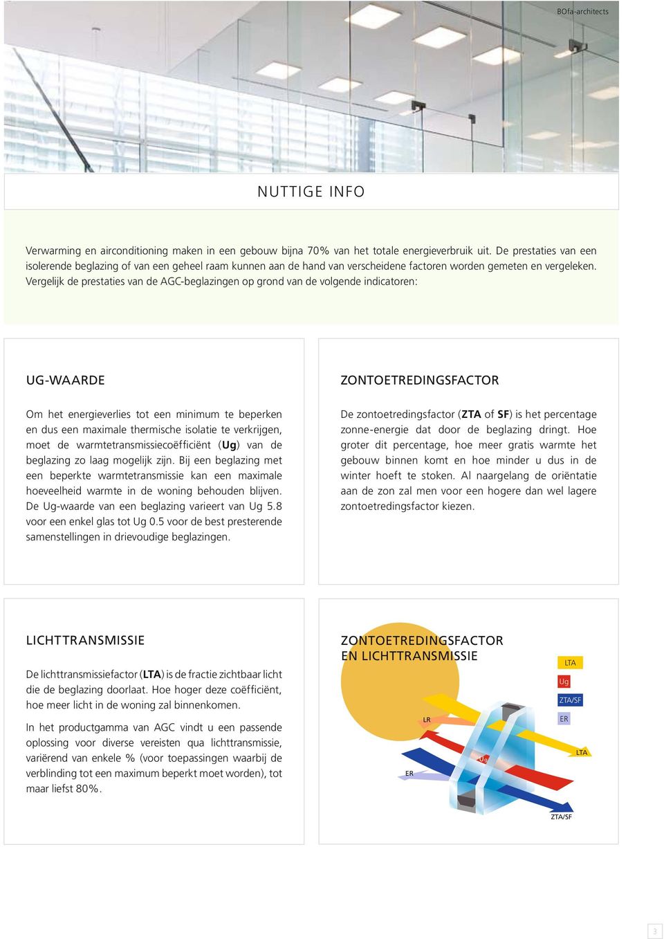 Vergelijk de prestaties van de AGC-beglazingen op grond van de volgende indicatoren: UG-WAARDE ZONTOETREDINGSFACTOR Om het energieverlies tot een minimum te beperken en dus een maximale thermische