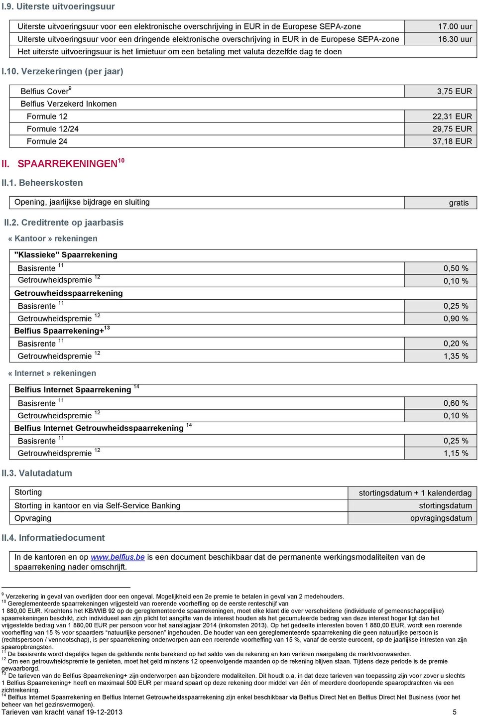 Verzekeringen (per jaar) Belfius Cover 9 Belfius Verzekerd Inkomen Formule 12 Formule 12/24 Formule 24 3,75 EUR 22,31 EUR 29,75 EUR 37,18 EUR II. SPAARREKENINGEN 10 II.1. Beheerskosten Opening, jaarlijkse bijdrage en sluiting II.