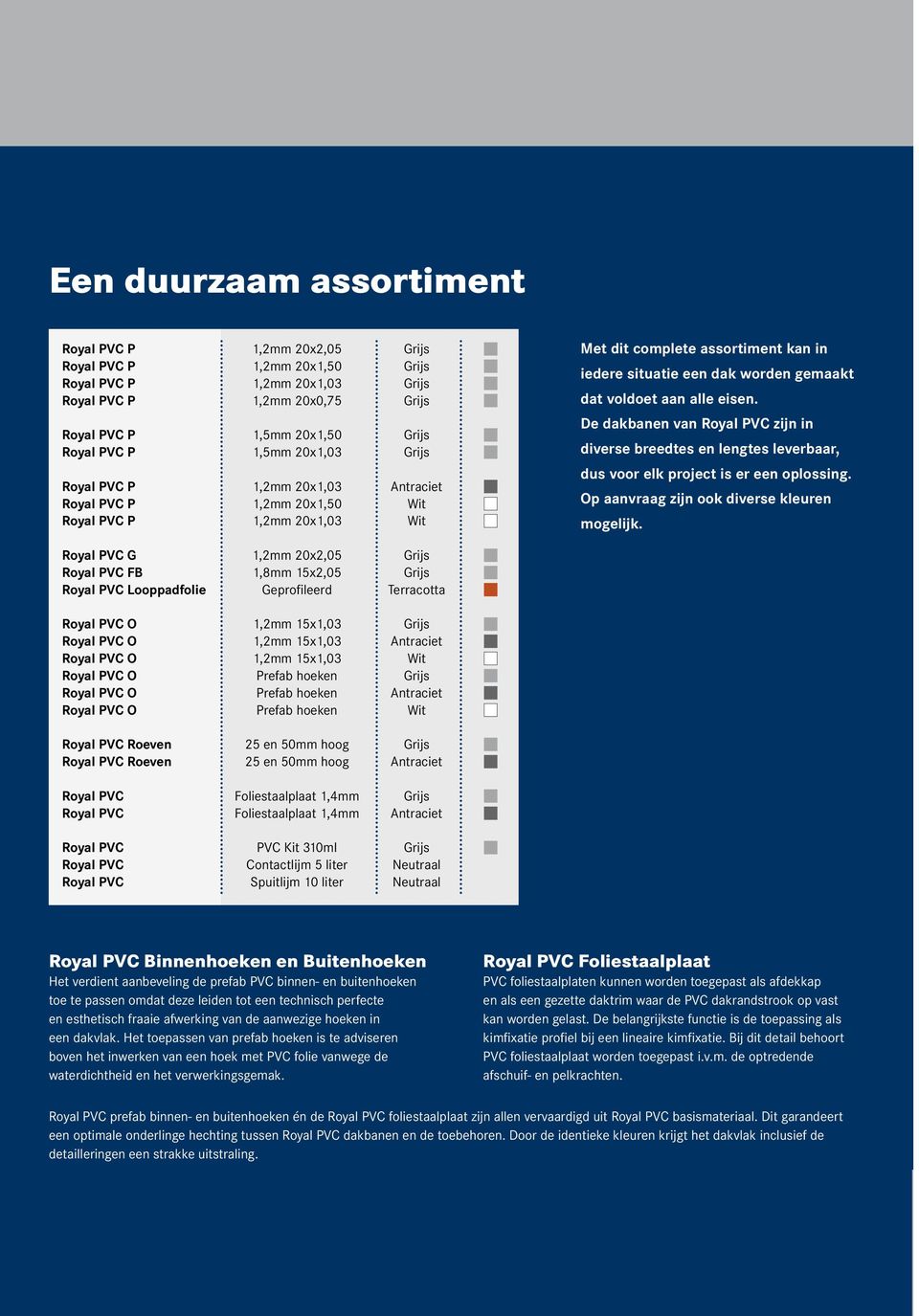 voldoet aan alle eisen. De dakbanen van Royal PVC zijn in diverse breedtes en lengtes leverbaar, dus voor elk project is er een oplossing. Op aanvraag zijn ook diverse kleuren mogelijk.