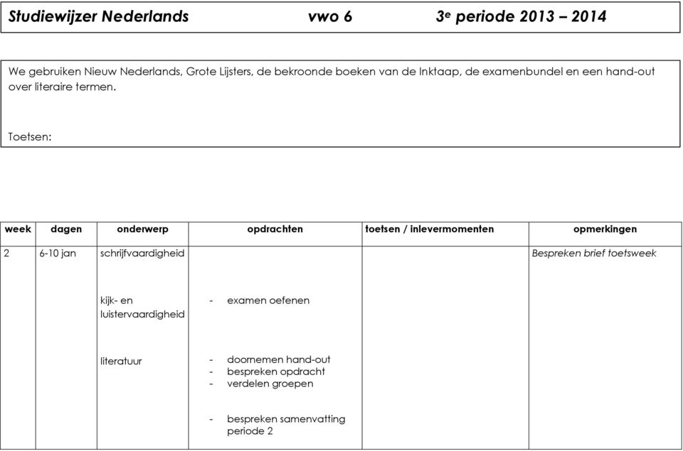 Toetsen: Kijk- en luistervaardigheid Literatuur 20%, 90 minuten 20%, 15 minuten Leesvaardigheid en samenvatten 20%, 210 minuten week dagen onderwerp