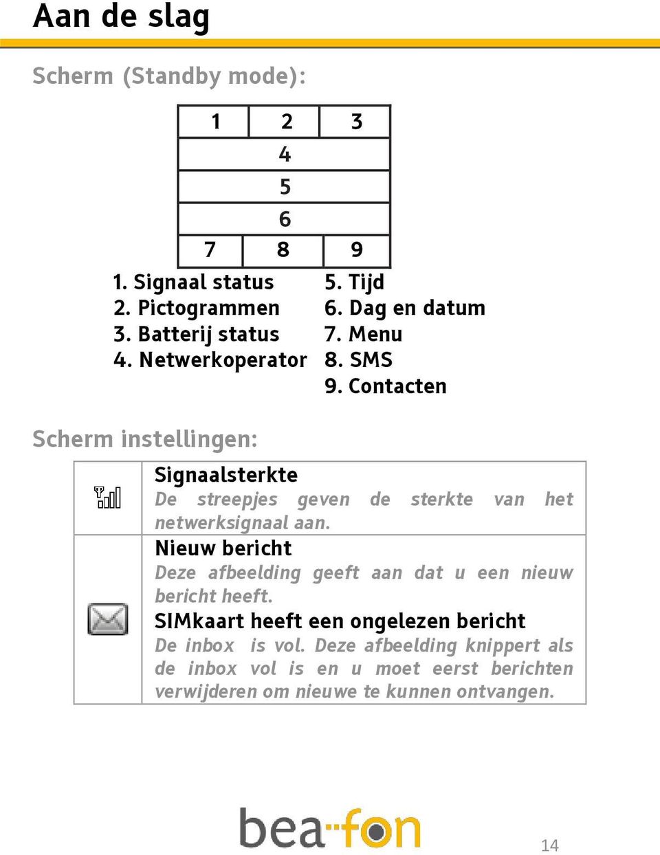 Contacten Scherm instellingen: Signaalsterkte De streepjes geven de sterkte van het netwerksignaal aan.