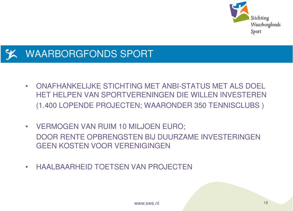 400 LOPENDE PROJECTEN; WAARONDER 350 TENNISCLUBS ) VERMOGEN VAN RUIM 10 MILJOEN EURO;