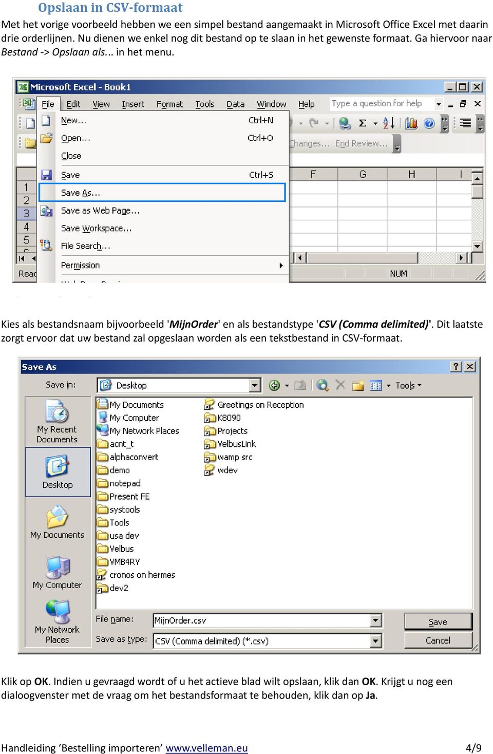 . Kies als bestandsnaam bijvoorbeeld 'MijnOrder' en als bestandstype 'CSV (Comma delimited)'.