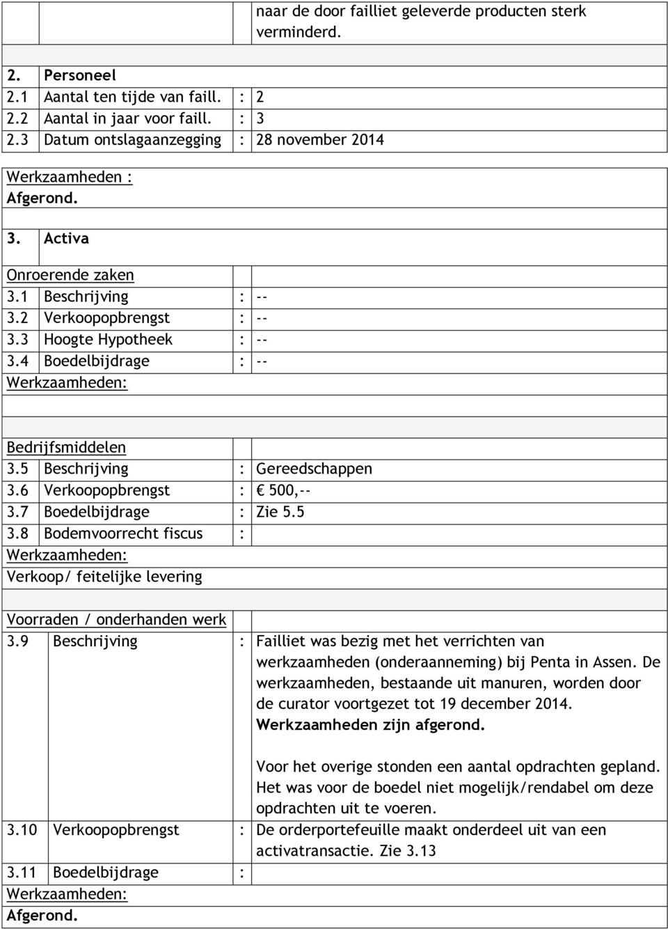 4 Boedelbijdrage : -- Bedrijfsmiddelen 3.5 Beschrijving : Gereedschappen 3.6 Verkoopopbrengst : 500,-- 3.7 Boedelbijdrage : Zie 5.5 3.