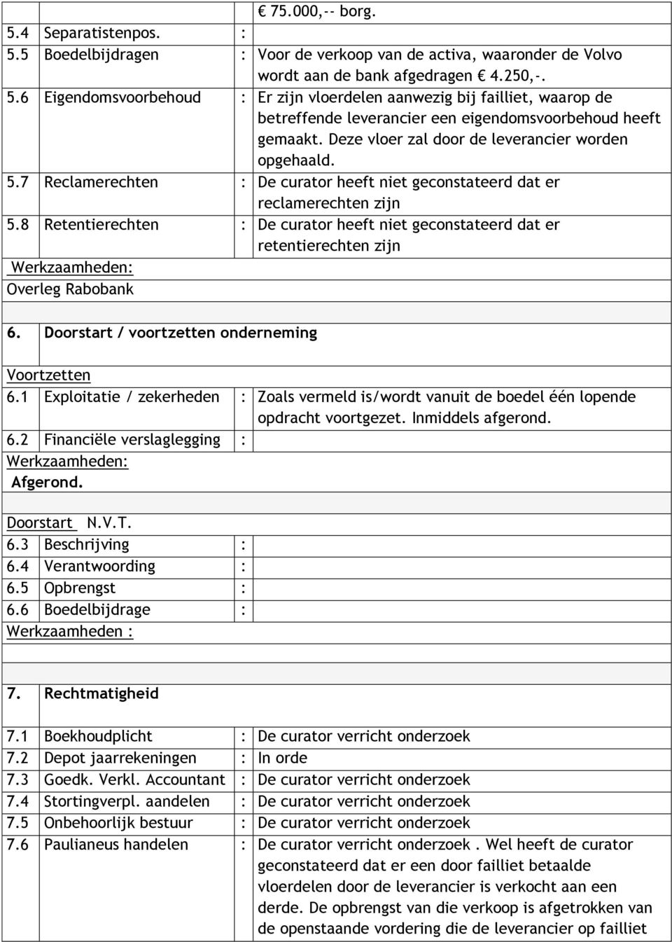 8 Retentierechten : De curator heeft niet geconstateerd dat er retentierechten zijn Overleg Rabobank 6. Doorstart / voortzetten onderneming Voortzetten 6.