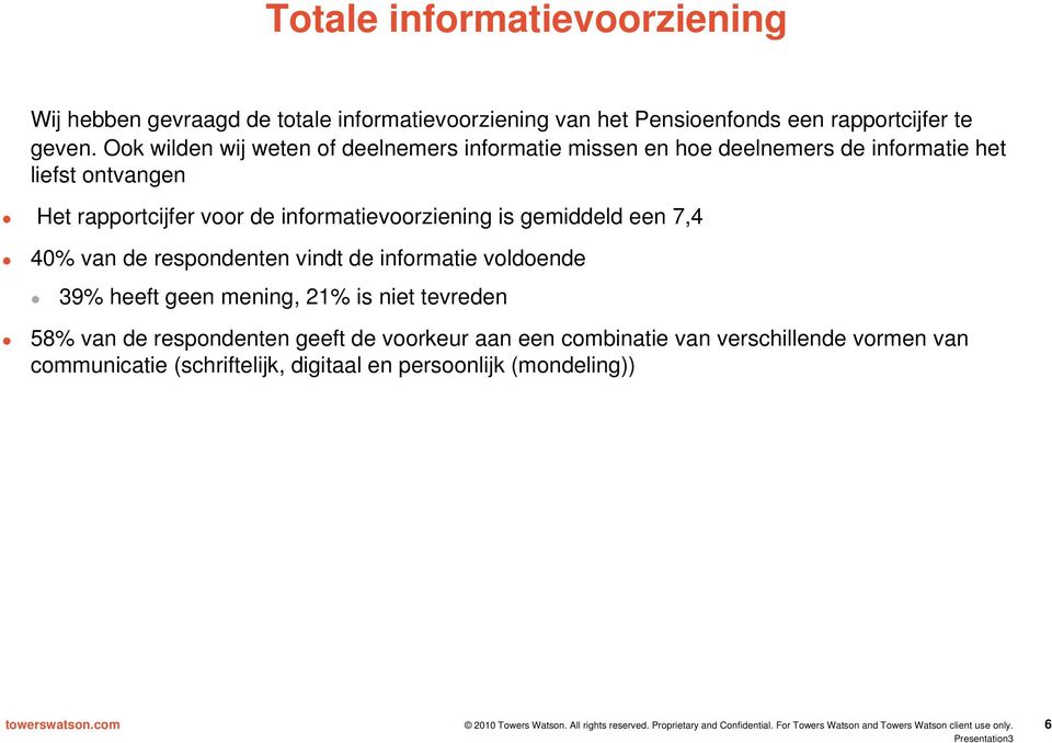 40 van de respondenten vindt de informatie voldoende 39 heeft geen mening, 21 is niet tevreden 58 van de respondenten geeft de voorkeur aan een combinatie van verschillende