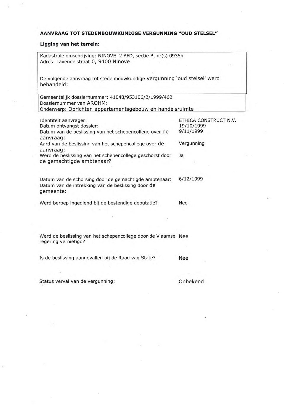 Identiteit aanvrager: ETHICA CONSTRUCT N.V.