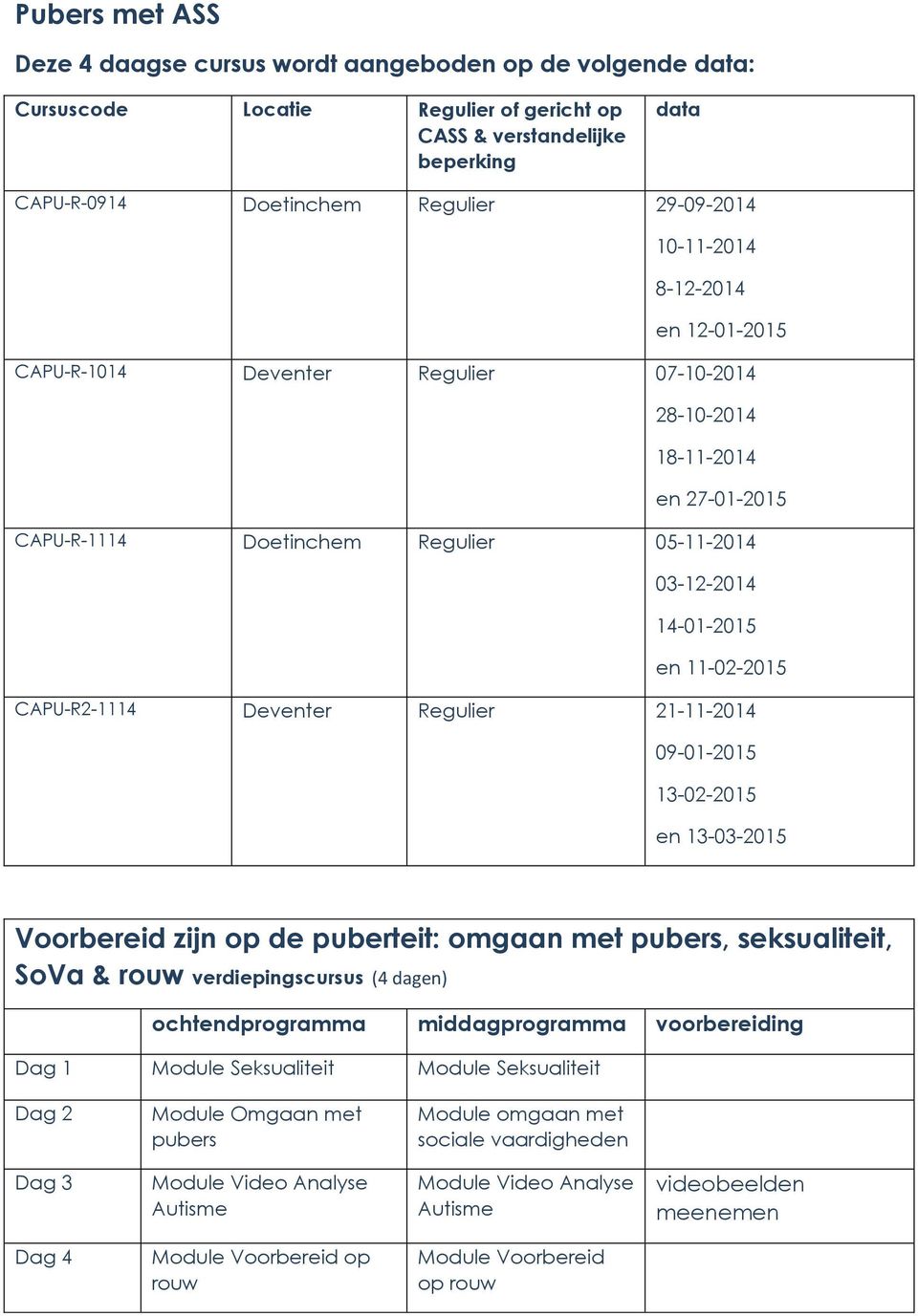 CAPU-R2-1114 Deventer Regulier 21-11-2014 09-01-2015 13-02-2015 en 13-03-2015 Voorbereid zijn op de puberteit: omgaan met pubers, seksualiteit, SoVa & rouw verdiepingscursus (4 dagen)