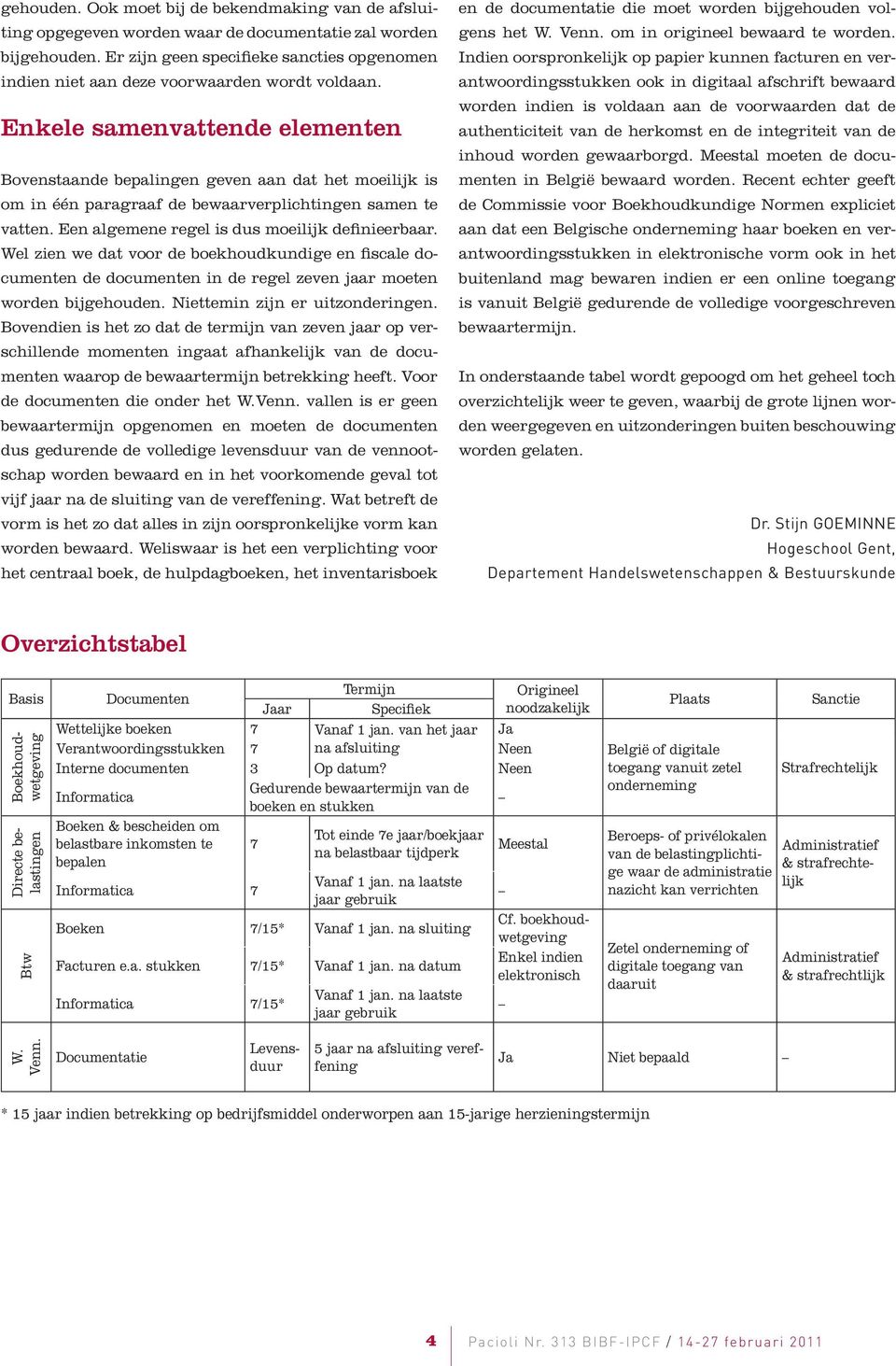 Enkele samenvattende elementen Bovenstaande bepalingen geven aan dat het moeilijk is om in één paragraaf de bewaarverplichtingen samen te vatten. Een algemene regel is dus moeilijk definieerbaar.