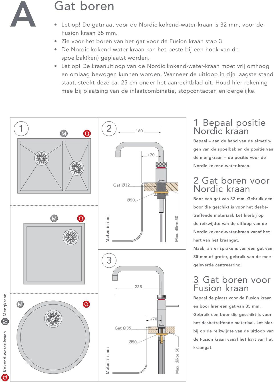 De kraanuitloop van de Nordic kokend-water-kraan moet vrij omhoog en omlaag bewogen kunnen worden. Wanneer de uitloop in zijn laagste stand staat, steekt deze ca. 25 cm onder het aanrechtblad uit.