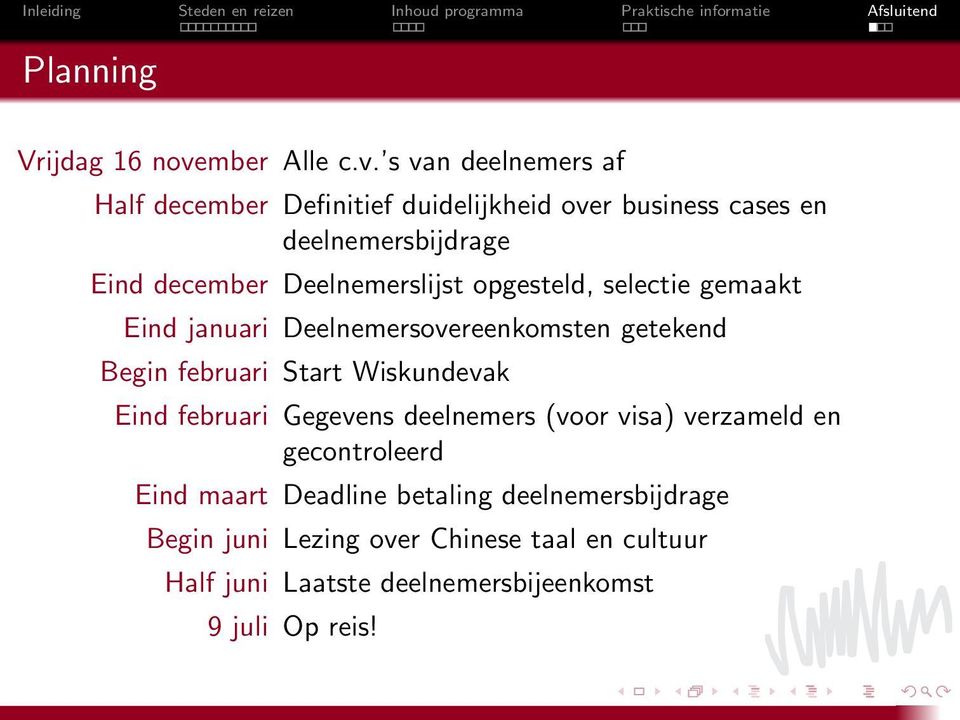 s van deelnemers af Half december Definitief duidelijkheid over business cases en deelnemersbijdrage Eind december