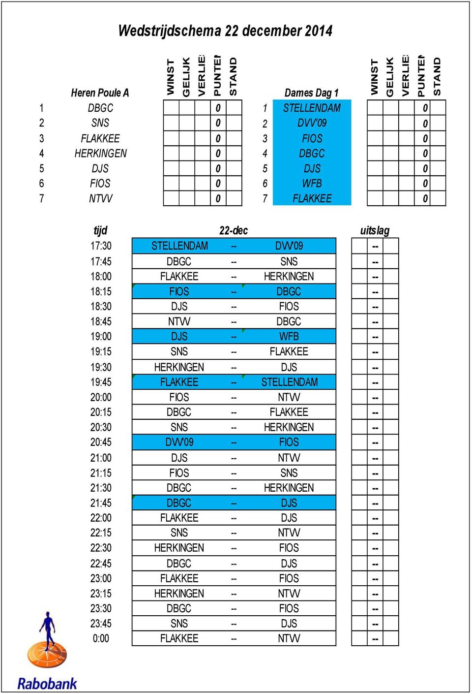 SNS FLAKKEE 19:3 HERKINGEN DJS 19:45 FLAKKEE STELLENDAM 2: FIOS NTVV 2:15 DBGC FLAKKEE 2:3 SNS HERKINGEN 2:45 DVV'9 FIOS 21: DJS NTVV 21:15 FIOS SNS 21:3 DBGC