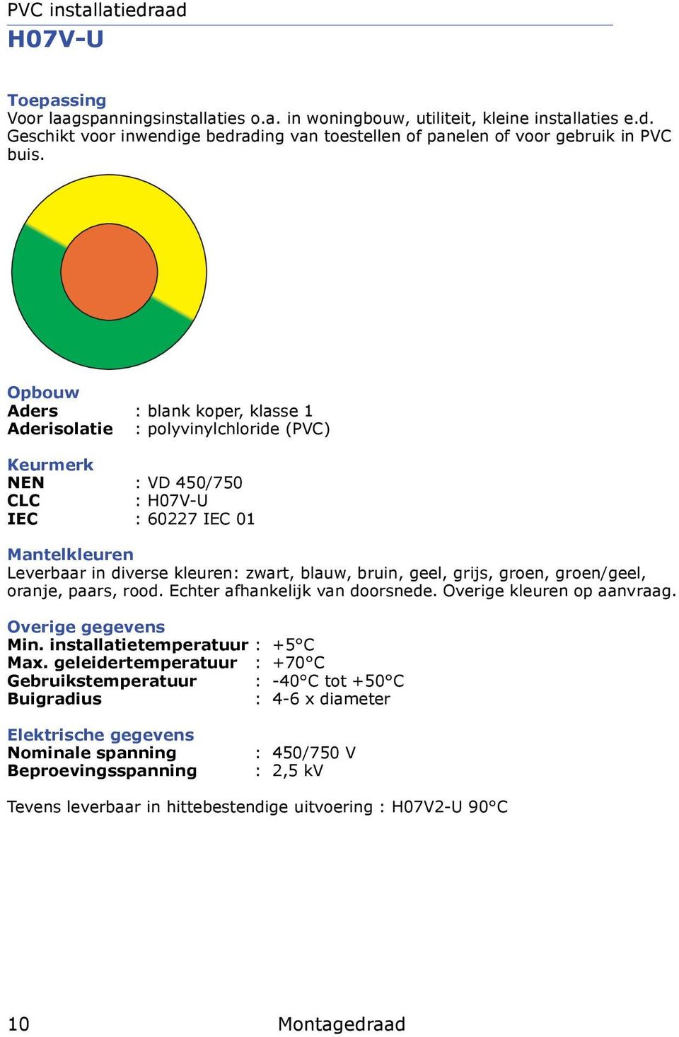 geel, grijs, groen, groen/geel, oranje, paars, rood. Echter afhankelijk van doorsnede. Overige kleuren op aanvraag. Overige gegevens Min. installatietemperatuur : +5 C Max.