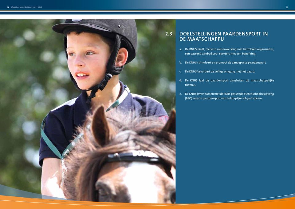 c. De KNHS bevordert de veilige omgang met het paard. d. De KNHS laat de paardensport aansluiten bij maatschappelijke thema s. e.