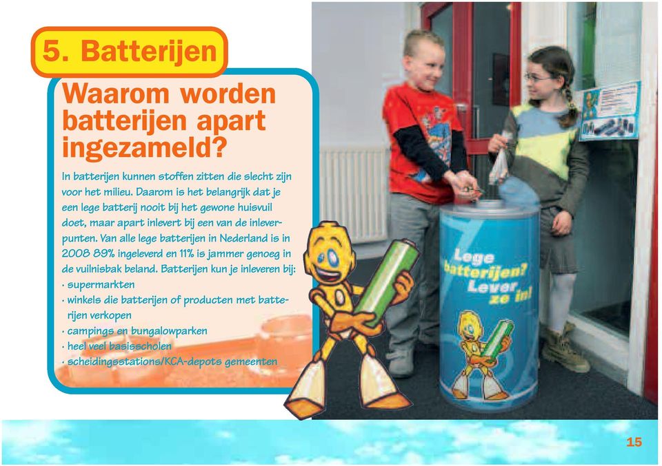 Van alle lege batterijen in Nederland is in 2008 89% ingeleverd en 11% is jammer genoeg in de vuilnisbak beland.
