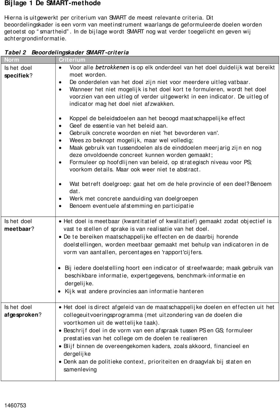 In de bijlage wordt SMART nog wat verder toegelicht en geven wij achtergrondinformatie. Tabel 2 Beoordelingskader SMART-criteria Norm Criterium specifiek?