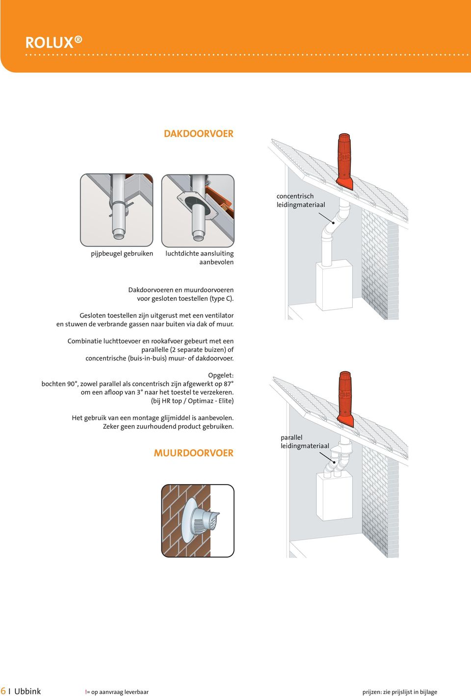 ombinatie luchttoevoer en rookafvoer gebeurt met een parallelle (2 separate buizen) of concentrische (buis-in-buis) muur- of dakdoorvoer.