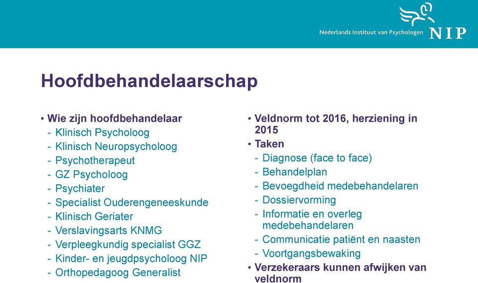 Orthopedagoog Generalist Veldnorm tot 2016, herziening in 2015 Taken - Diagnose (face to face) - Behandelplan - Bevoegdheid medebehandelaren -