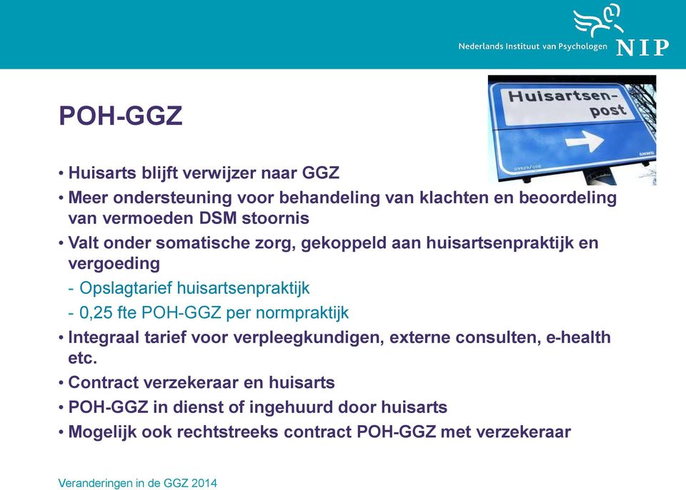 - 0,25 fte POH-GGZ per normpraktijk Integraal tarief voor verpleegkundigen, externe consulten, e-health etc.