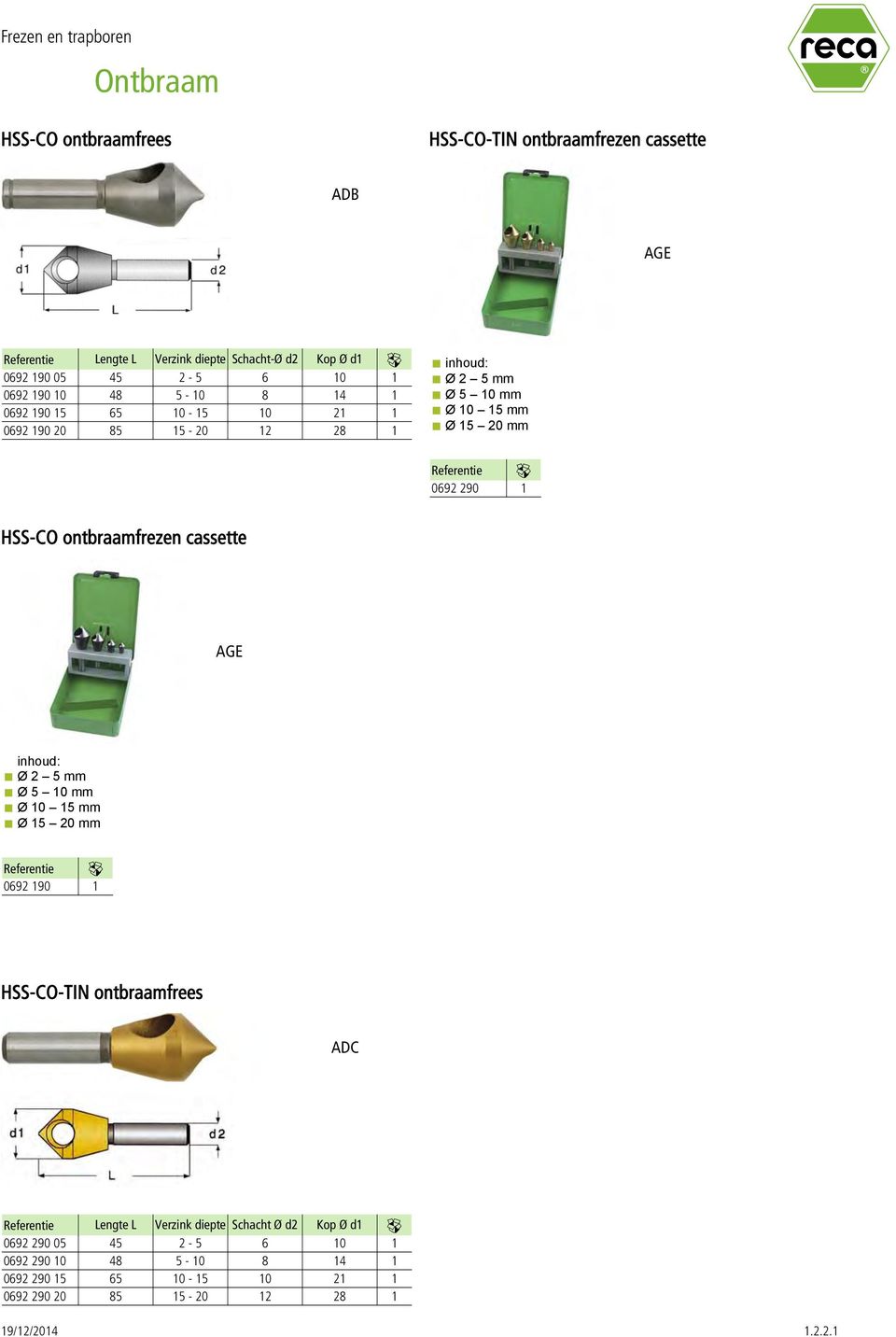 mm 0692 290 HSS-CO ontraamfrezen cassette AGE inhoud: 2 5 mm 5 0 mm 0 5 mm 5 20 mm 0692 90 HSS-CO-TIN ontraamfrees ADC Lengte L