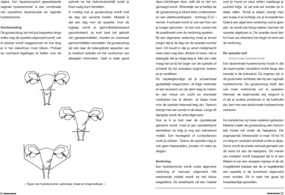 Voor de Voorbereiding ingreep wordt je gezondheidstoestand De gynaecoloog zal met jou bespreken langs welke weg de operatie uitgevoerd wordt, wat er precies wordt weggenomen en hoe lang je in het