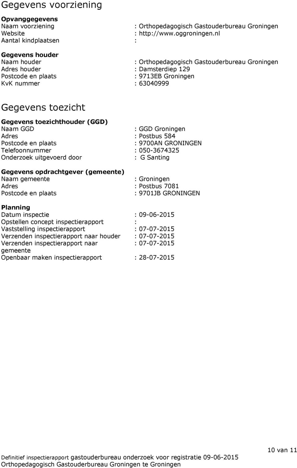 toezicht Gegevens toezichthouder (GGD) Naam GGD : GGD Groningen Adres : Postbus 584 Postcode en plaats : 9700AN GRONINGEN Telefoonnummer : 050-3674325 Onderzoek uitgevoerd door : G Santing Gegevens