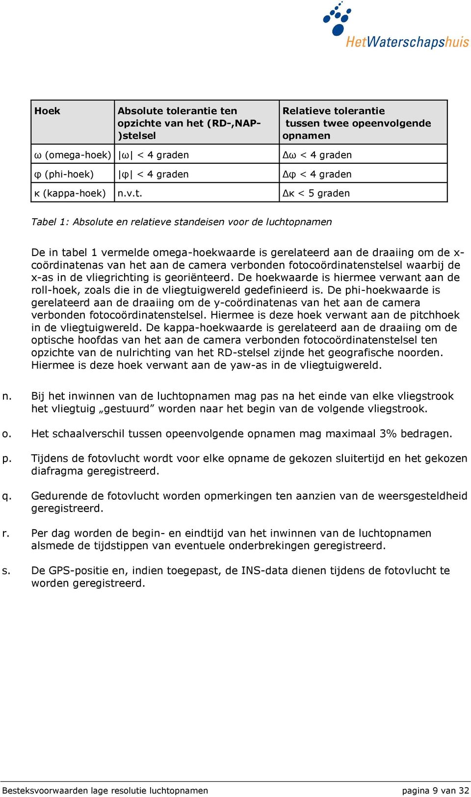 Δκ < 5 graden Tabel 1: Absolute en relatieve standeisen voor de luchtopnamen De in tabel 1 vermelde omega-hoekwaarde is gerelateerd aan de draaiing om de x- coördinatenas van het aan de camera