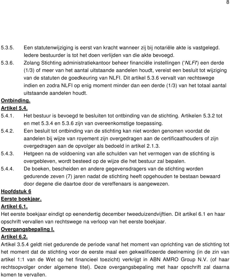 goedkeuring van NLFI. Dit artikel 5.3.6 vervalt van rechtswege indien en zodra NLFI op enig moment minder dan een derde (1/3) van het totaal aantal uitstaande aandelen houdt. Ontbinding. Artikel 5.4.