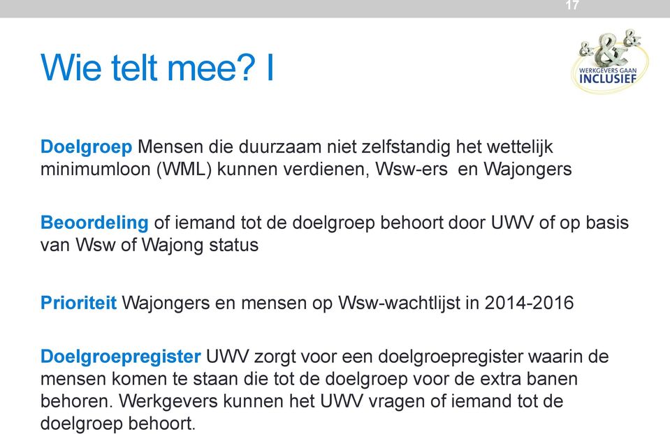 Beoordeling of iemand tot de doelgroep behoort door UWV of op basis van Wsw of Wajong status Prioriteit Wajongers en mensen