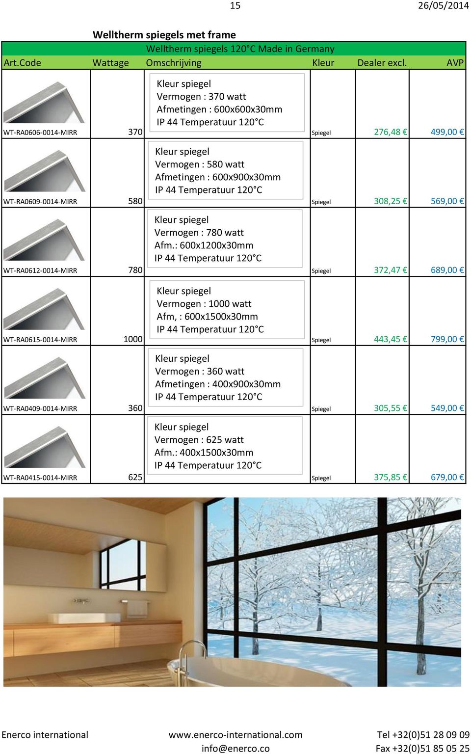 : 600x1200x30mm WT-RA0612-0014-MIRR 780 Spiegel 372,47 689,00 Kleur spiegel Vermogen : 1000 watt Afm, : 600x1500x30mm WT-RA0615-0014-MIRR 1000 Spiegel 443,45 799,00 Kleur