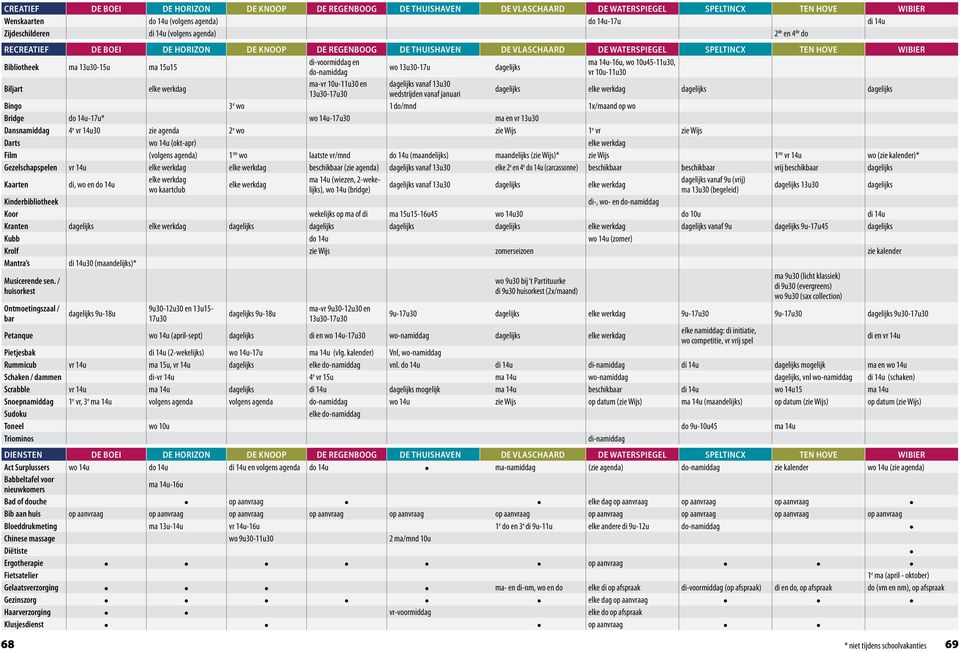 di-voormiddag en ma 14u-16u, wo 10u45-11u30, wo 13u30-17u dagelijks do-namiddag vr 10u-11u30 Biljart ma-vr 10u-11u30 en dagelijks vanaf 13u30 13u30-17u30 wedstrijden vanaf januari dagelijks dagelijks