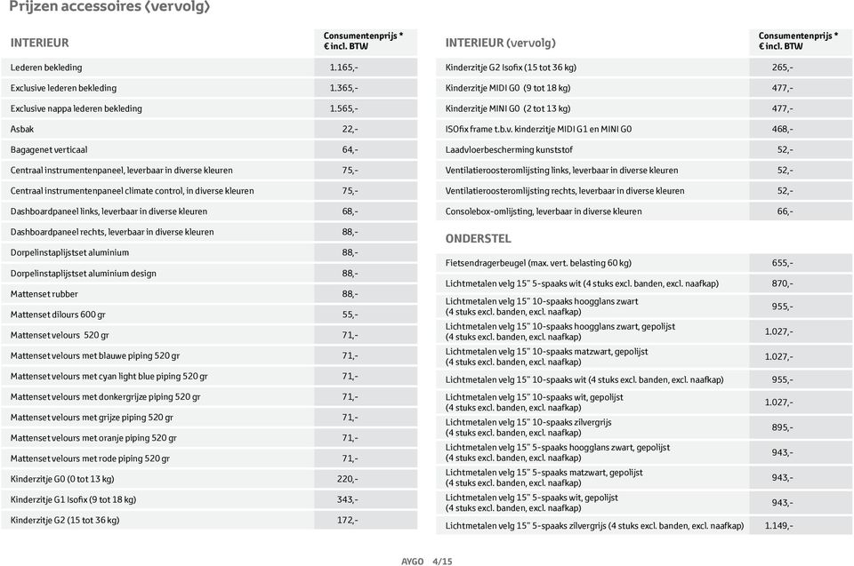 565,- Asbak 22,- Bagagenet verticaal 64,- Centraal instrumentenpaneel, leverbaar in diverse kleuren 75,- Centraal instrumentenpaneel climate control, in diverse kleuren 75,- Dashboardpaneel links,