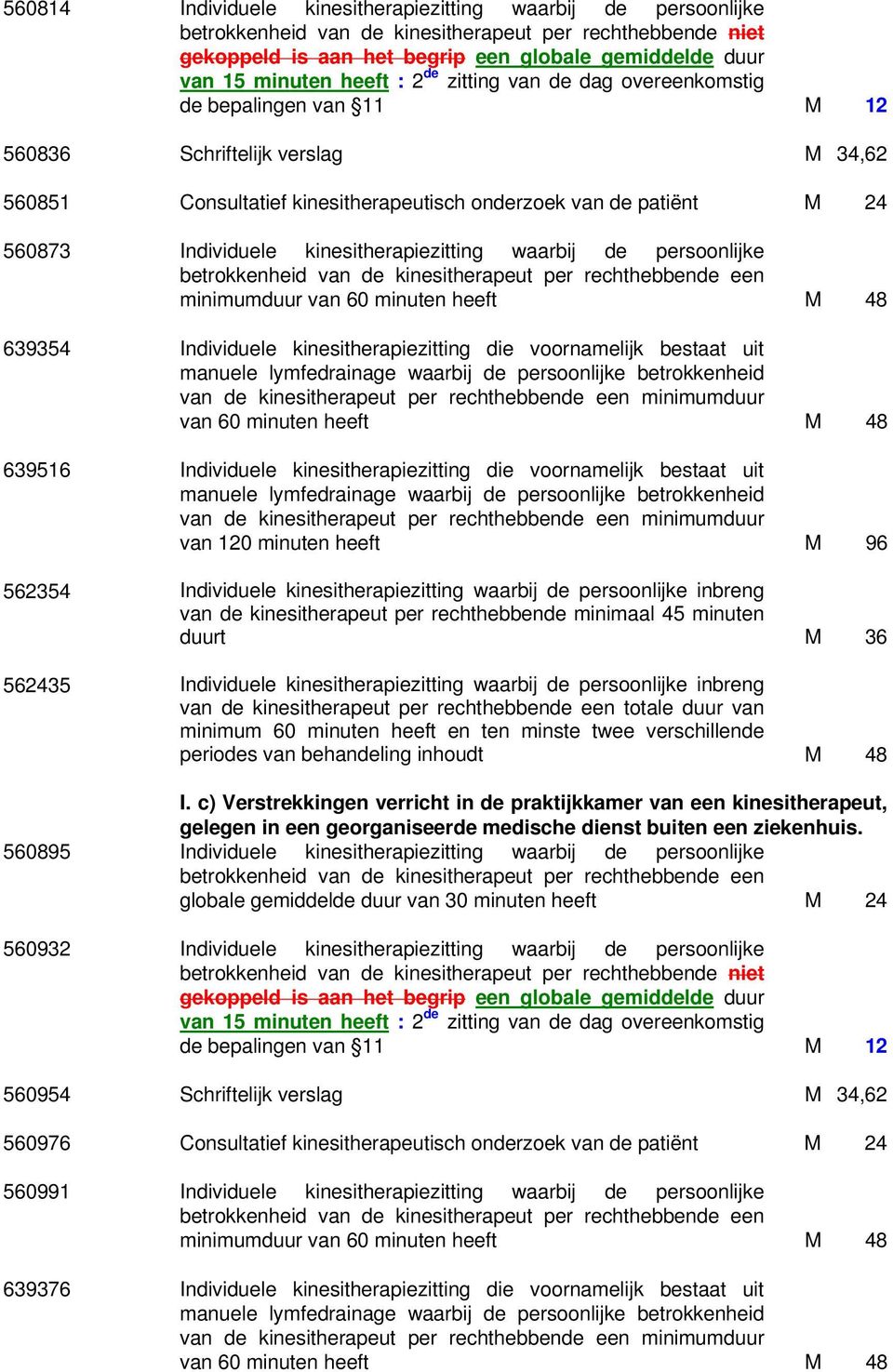 kinesitherapiezitting die voornamelijk bestaat uit van 60 minuten heeft M 48 639516 Individuele kinesitherapiezitting die voornamelijk bestaat uit van 120 minuten heeft M 96 562354 Individuele