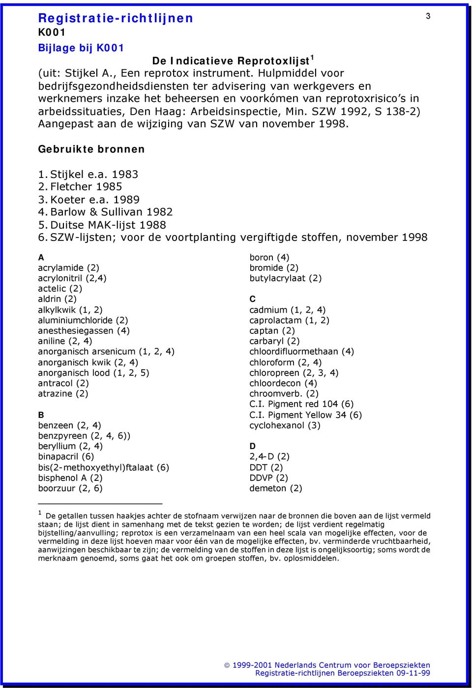 SZW 1992, S 138-2) Aangepast aan de wijziging van SZW van november 1998. Gebruikte bronnen 1. Stijkel e.a. 1983 2. Fletcher 1985 3. Koeter e.a. 1989 4. Barlow & Sullivan 1982 5.