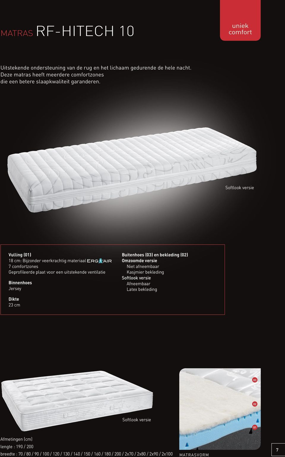Vulling (01) 18 cm: Bijzonder veerkrachtig materiaal 7 comfortzones Geprofileerde plaat voor een uitstekende ventilatie Binnenhoes Jersey Buitenhoes