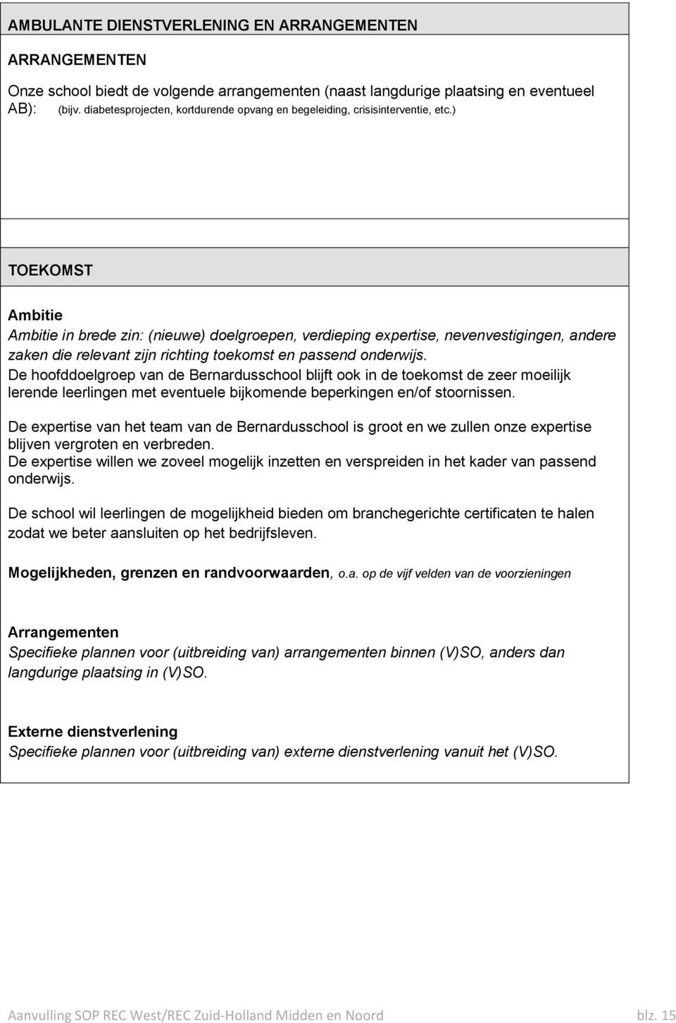 ) TOEKOMST Ambitie Ambitie in brede zin: (nieuwe) doelgroepen, verdieping expertise, nevenvestigingen, andere zaken die relevant zijn richting toekomst en passend onderwijs.