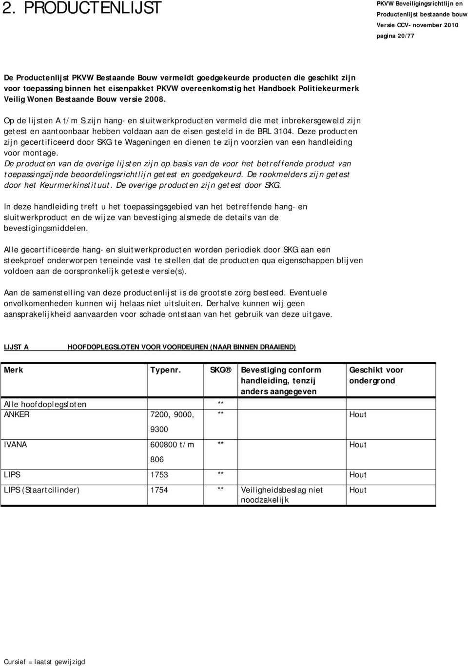 Op de lijsten A t/m S zijn hang- en sluitwerkproducten vermeld die met inbrekersgeweld zijn getest en aantoonbaar hebben voldaan aan de eisen gesteld in de BRL 3104.