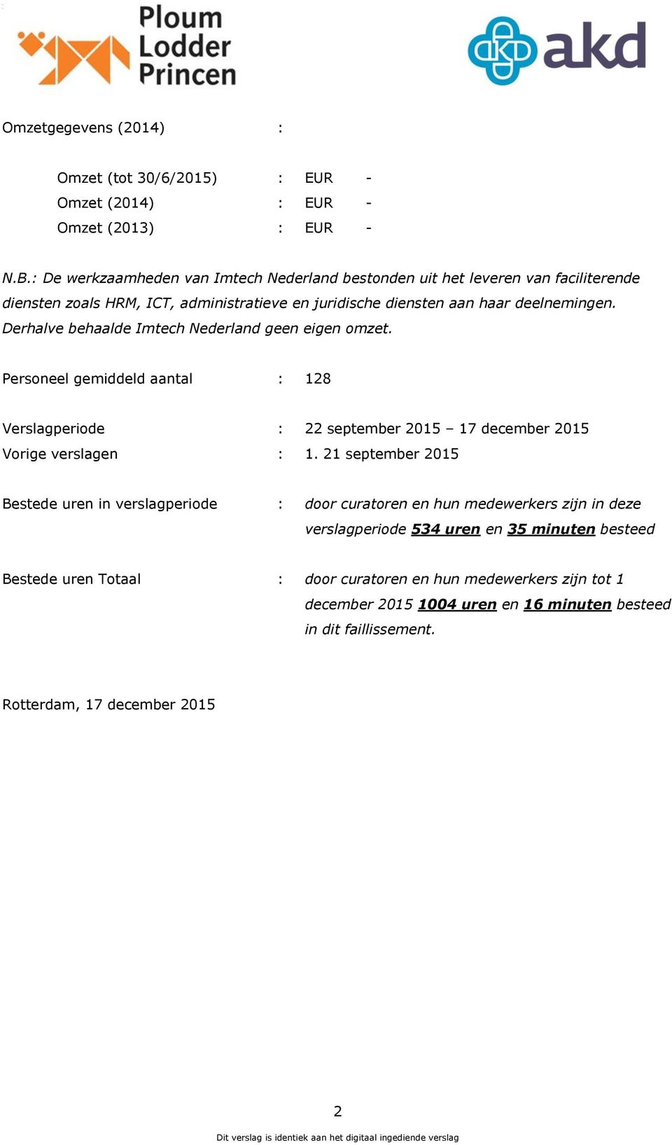 Derhalve behaalde Imtech Nederland geen eigen omzet. Personeel gemiddeld aantal : 128 Verslagperiode : 22 september 2015 17 december 2015 Vorige verslagen : 1.