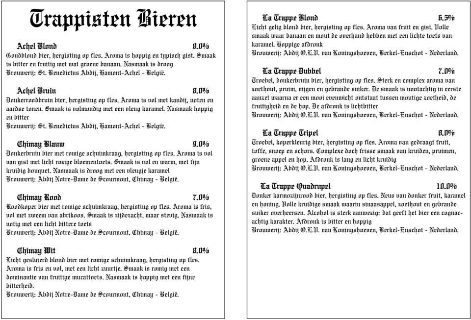 Nasmaak hoppig en bitter Brouwerij: St. Benedictus Abdij, Hamont-Achel - België. Chimay Blauw 9.0% Donkerbruin bier met romige schuimkraag, hergisting op fles.