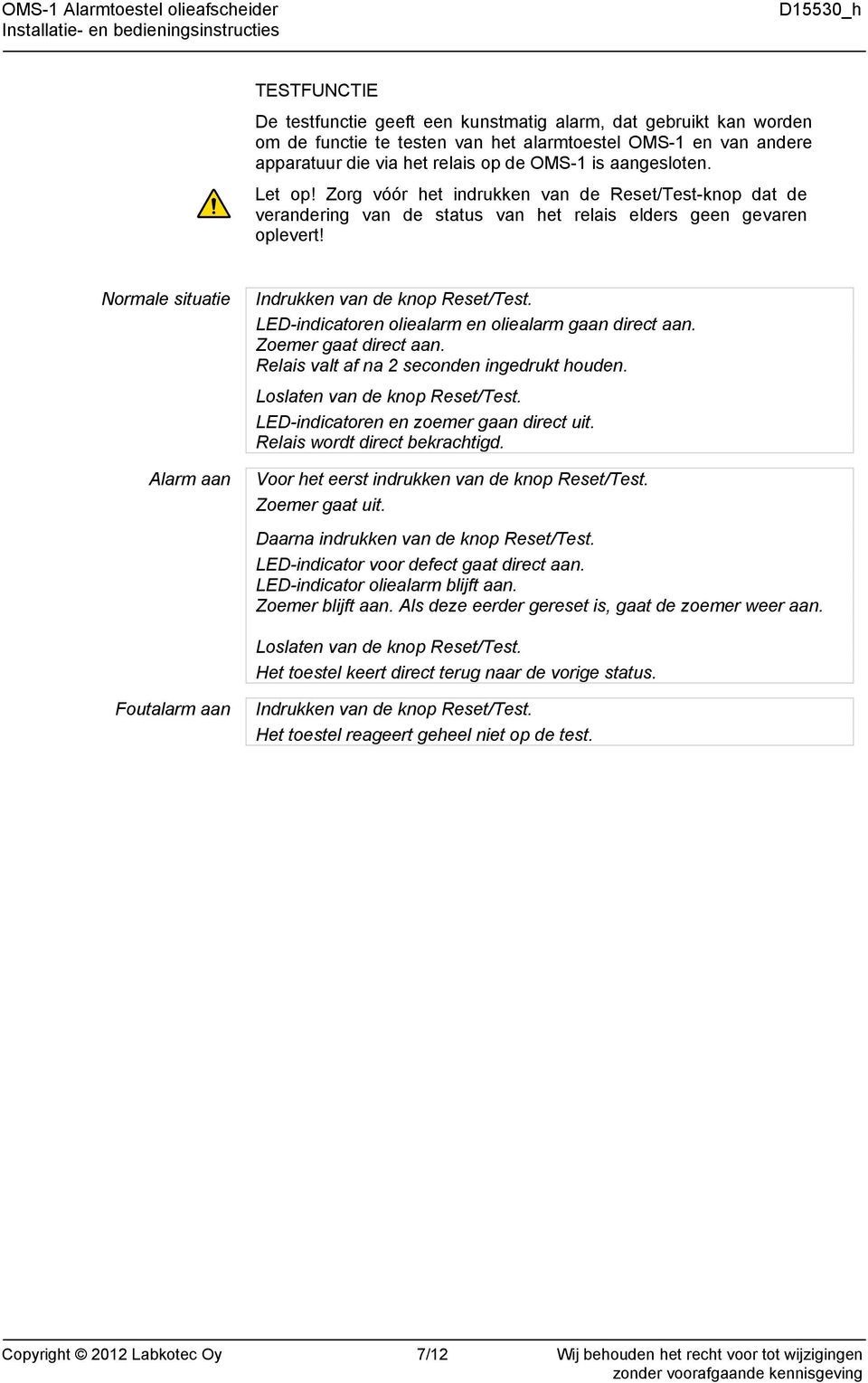 Normale situatie Alarm aan Indrukken van de knop Reset/Test. LED-indicatoren oliealarm en oliealarm gaan direct aan. Zoemer gaat direct aan. Relais valt af na 2 seconden ingedrukt houden.