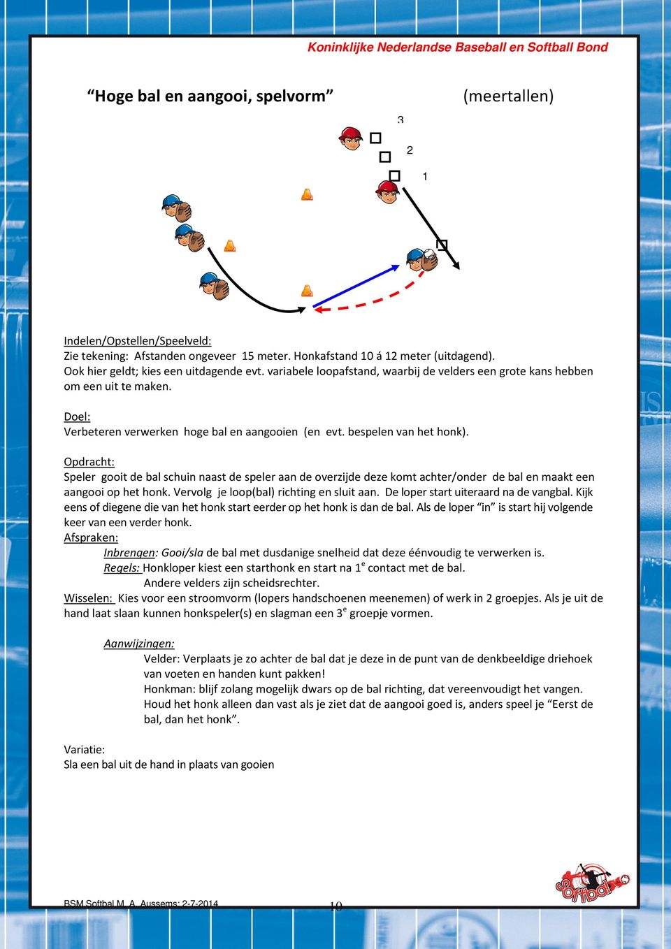 Speler gooit de bal schuin naast de speler aan de overzijde deze komt achter/onder de bal en maakt een aangooi op het honk. Vervolg je loop(bal) richting en sluit aan.