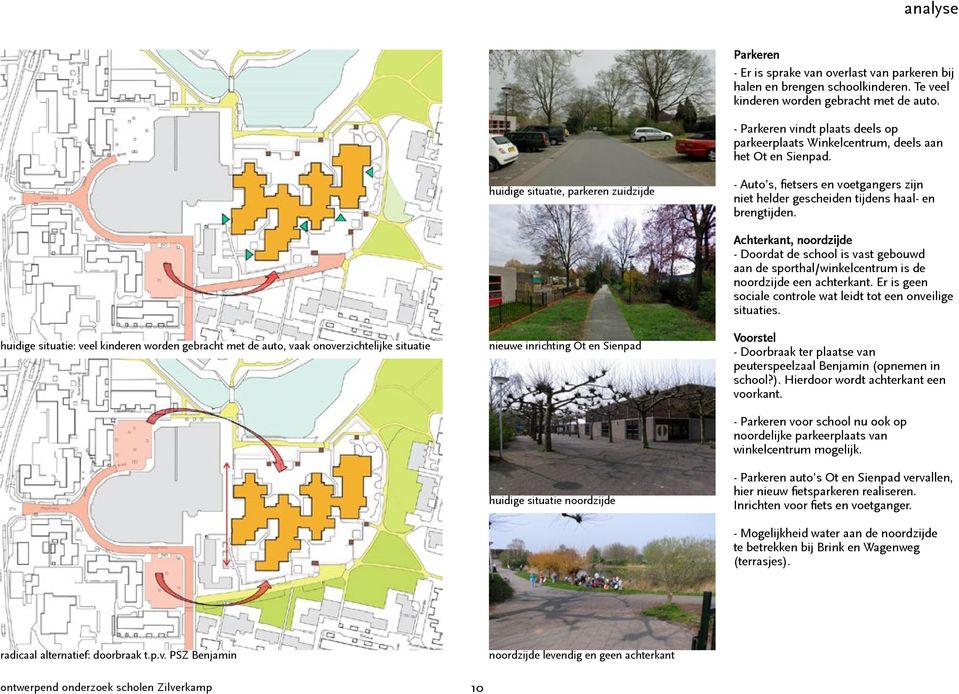 huidige situatie, parkeren zuidzijde - Auto s, fietsers en voetgangers zijn niet helder gescheiden tijdens haal- en brengtijden.