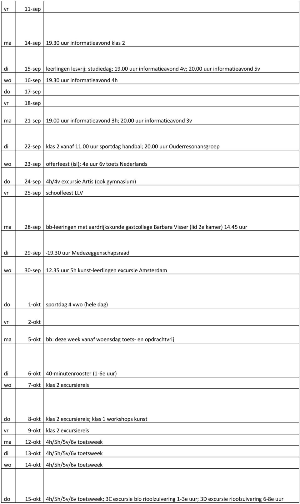 00 uur Ouderresonansgroep 23-sep offerfeest (isl); 4e uur 6v toets Nederlands 24-sep 4h/4v excursie Artis (ook gymnasium) 25-sep schoolfeest LLV 28-sep bb-leeringen met aardrijkskunde gastcollege