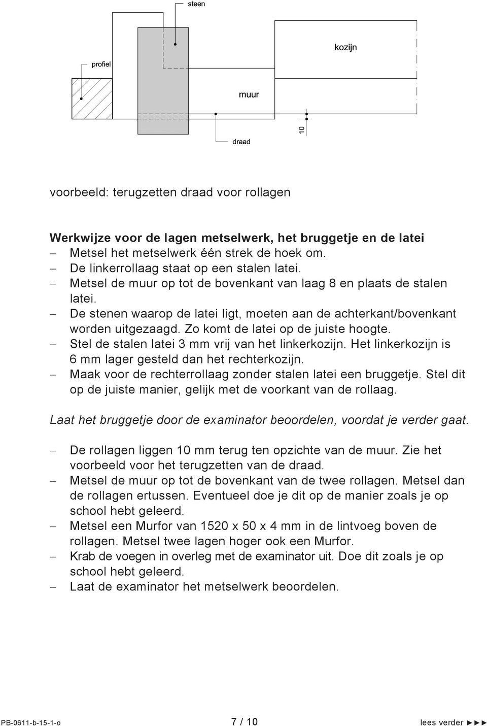 Stel de stalen latei 3 mm vrij van het linkerkozijn. Het linkerkozijn is 6 mm lager gesteld dan het rechterkozijn. Maak voor de rechterrollaag zonder stalen latei een bruggetje.