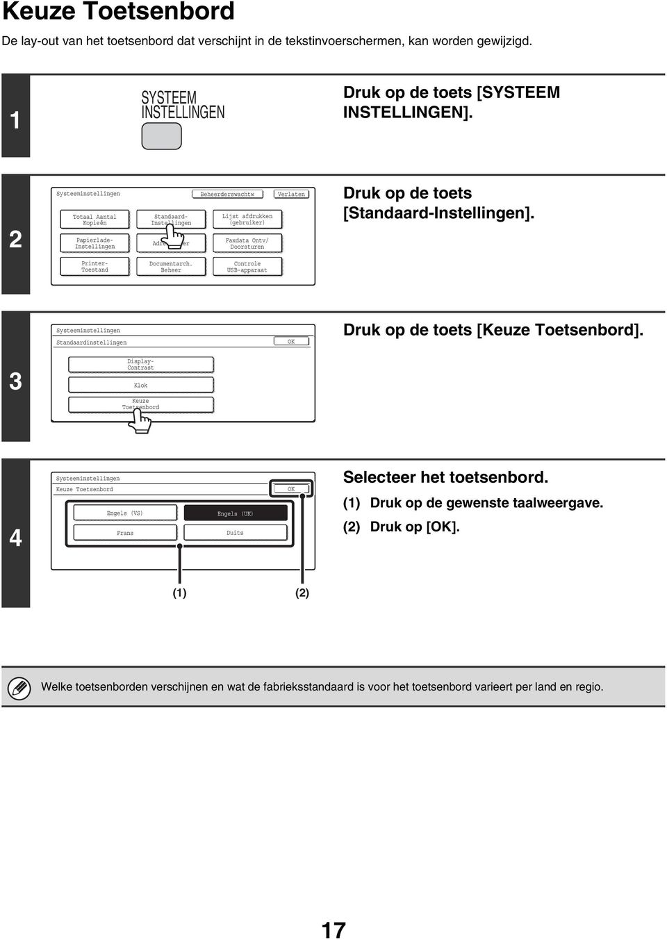 Printer- Toestand Documentarch. Beheer Controle USB-apparaat Standaardinstellingen Druk op de toets [Keuze Toetsenbord].