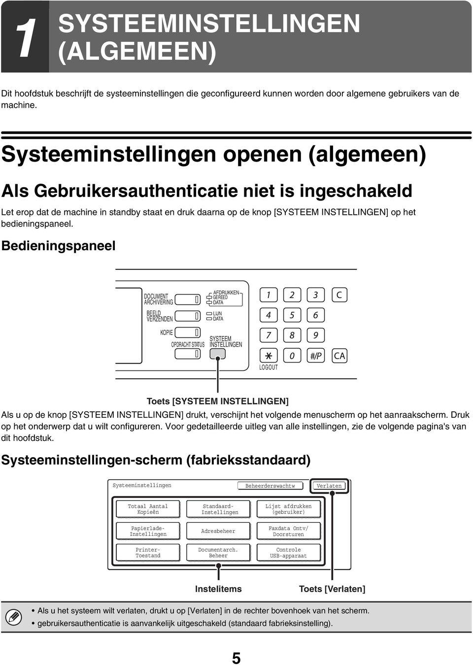 Bedieningspaneel DOCUMENT ARCHIVERING BEELD VERZENDEN KOPIE OPDRACHT STATUS AFDRUKKEN GEREED DATA LIJN DATA SYSTEEM INSTELLINGEN LOGOUT Toets [SYSTEEM INSTELLINGEN] Als u op de knop [SYSTEEM